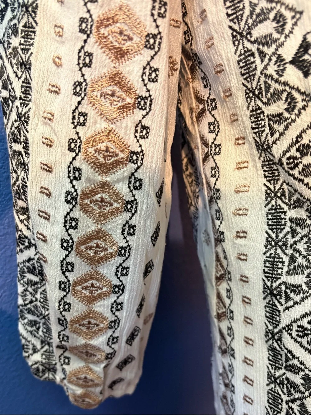Blue Rain White Dress with Black and Tan Embroidered Print